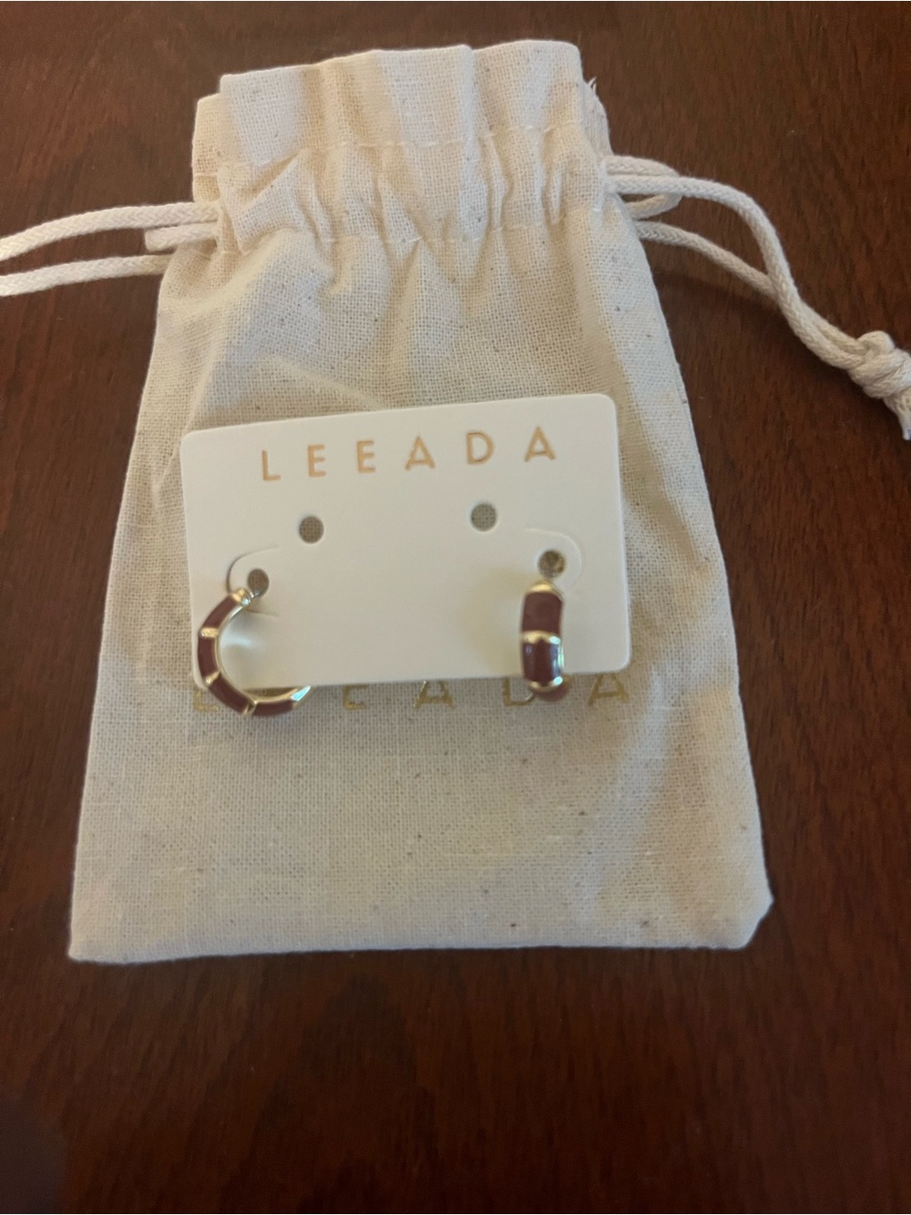 Gold Hoop Earrings with Burgundy Enamel Accents